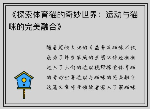 《探索体育猫的奇妙世界：运动与猫咪的完美融合》